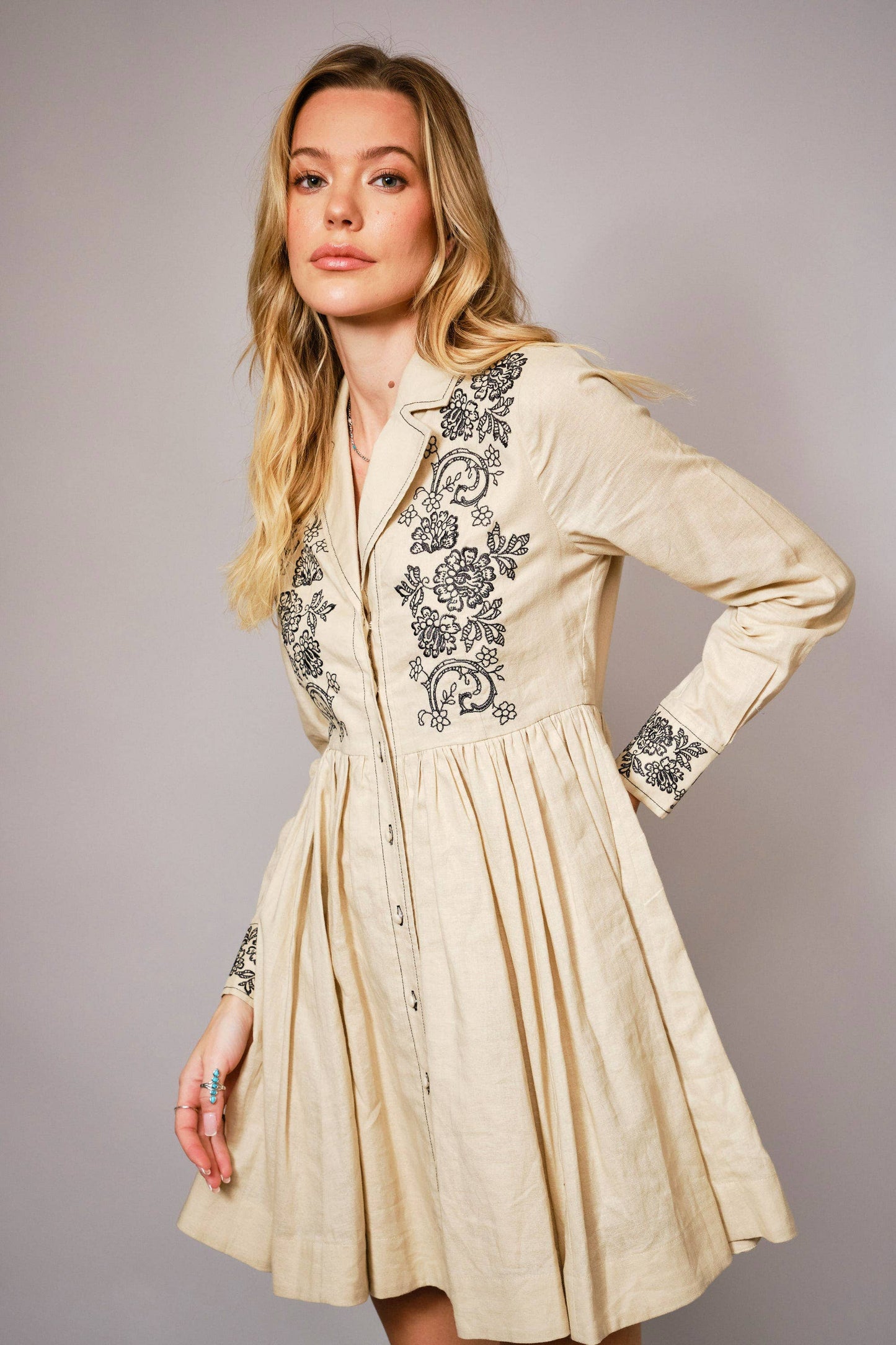 Linen Blend Embroidered Button Flare Dress: Taupe