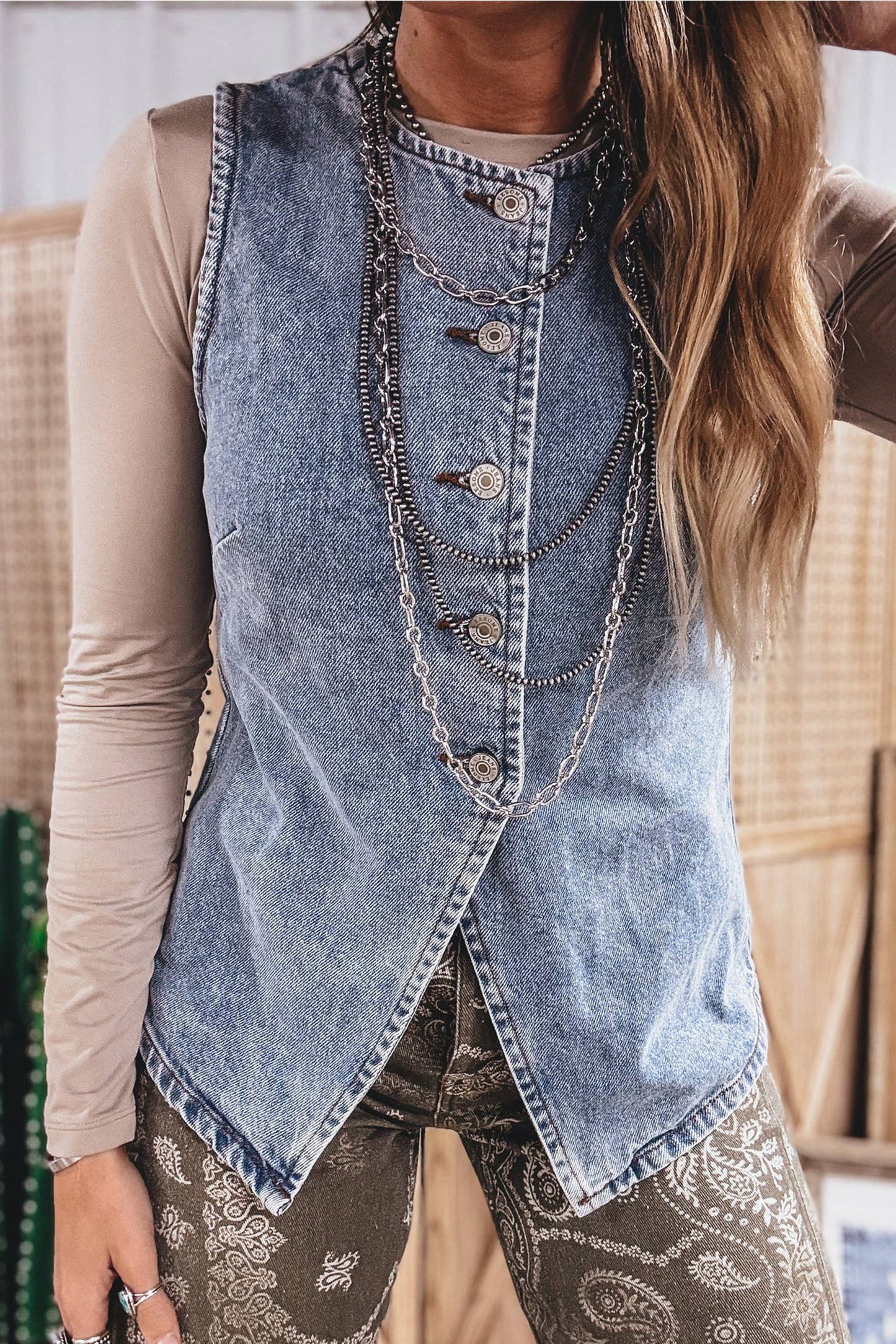Buttoned Front Slit Denim Vest