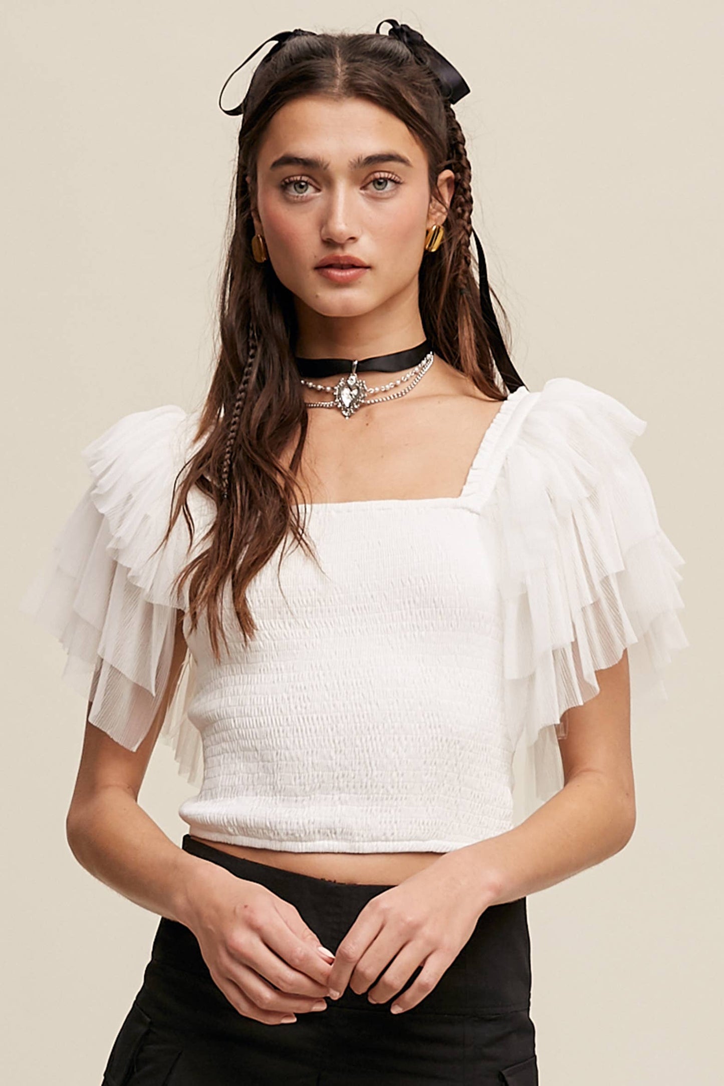 Tulle Ruffle Sleeve Smocked Top