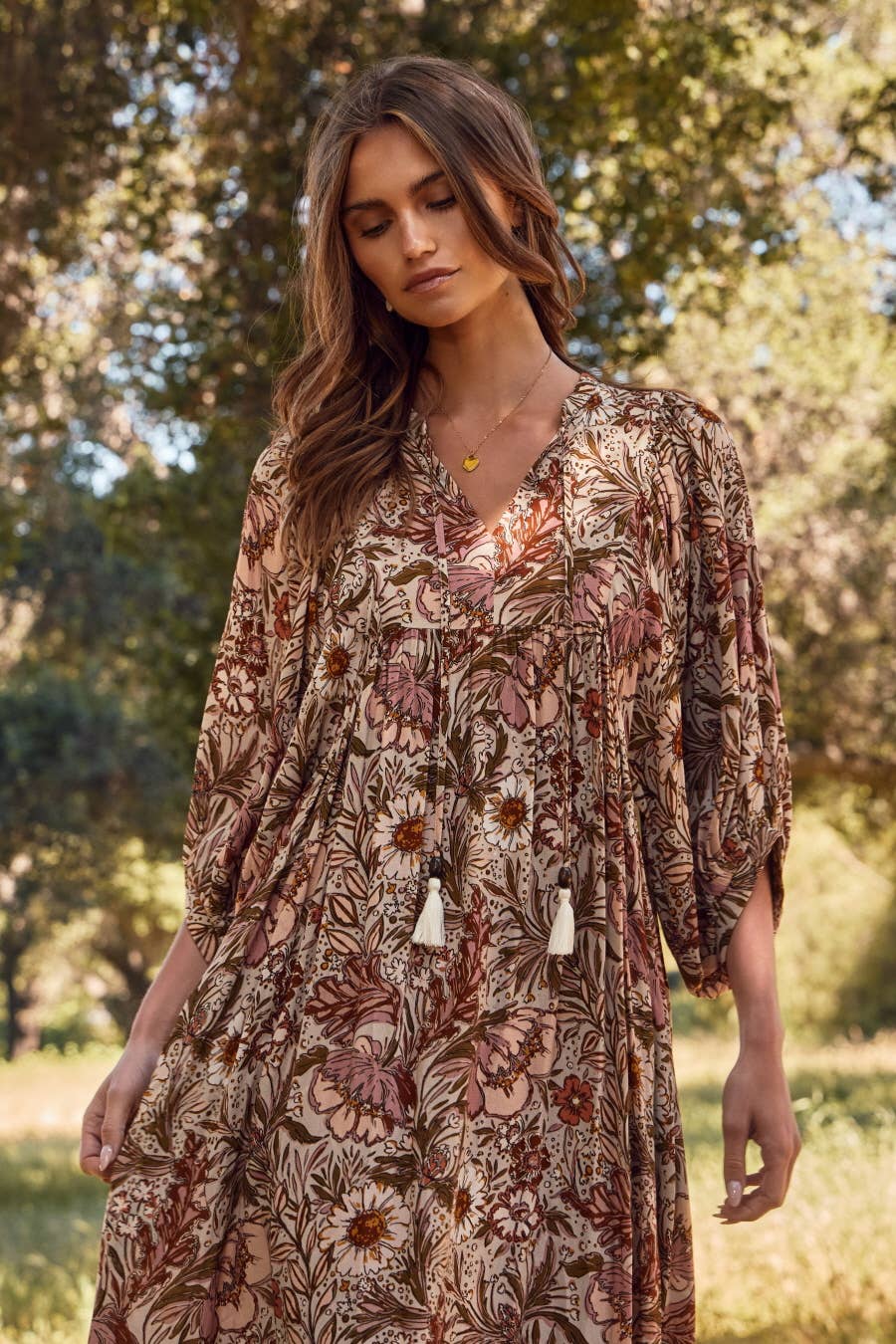 Plus Bohemian Floral Maxi Dress: Beige Multi