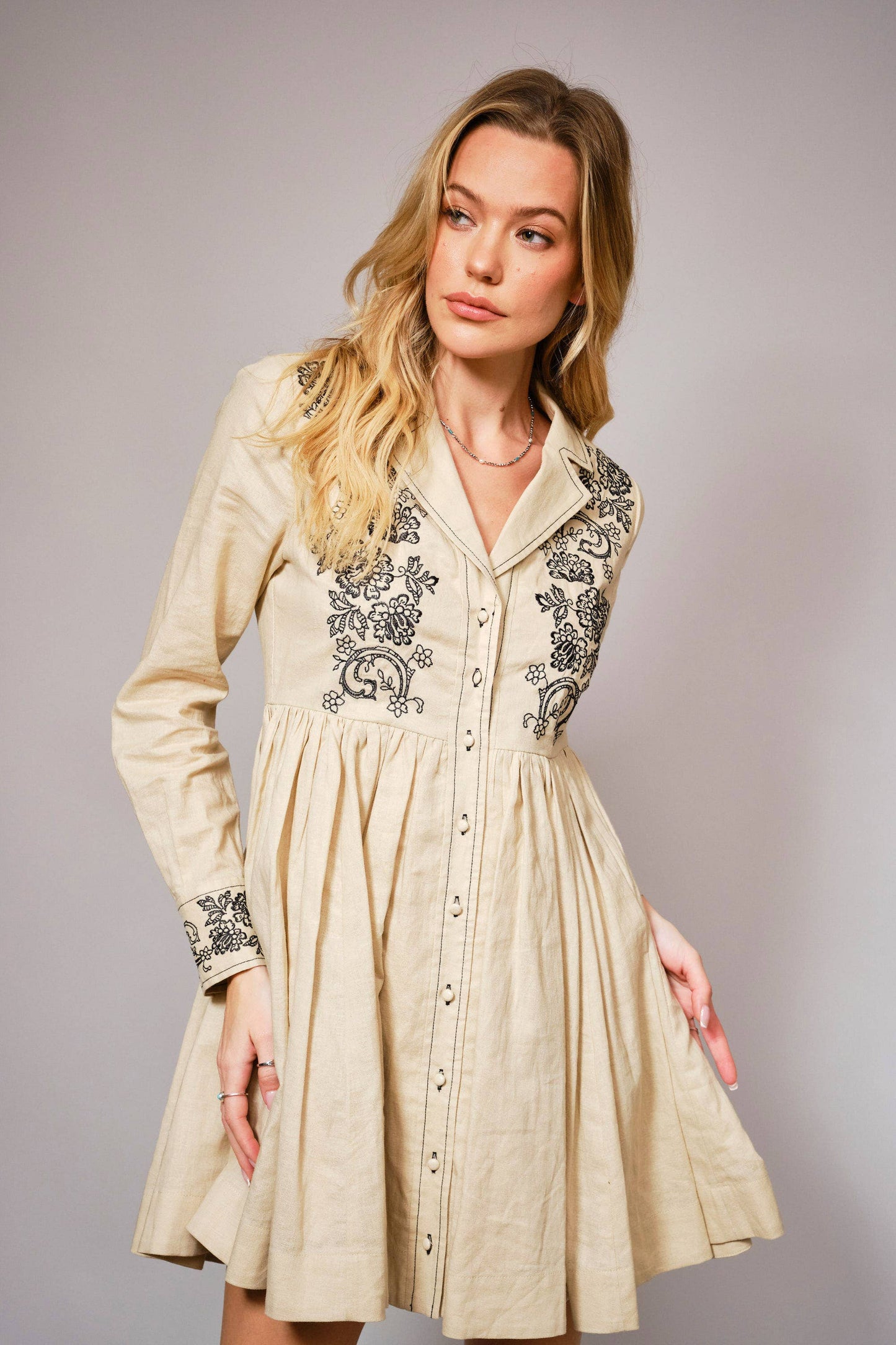 Linen Blend Embroidered Button Flare Dress: Taupe
