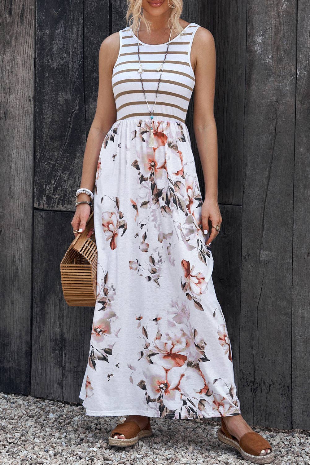 Striped Floral Print Maxi Dress