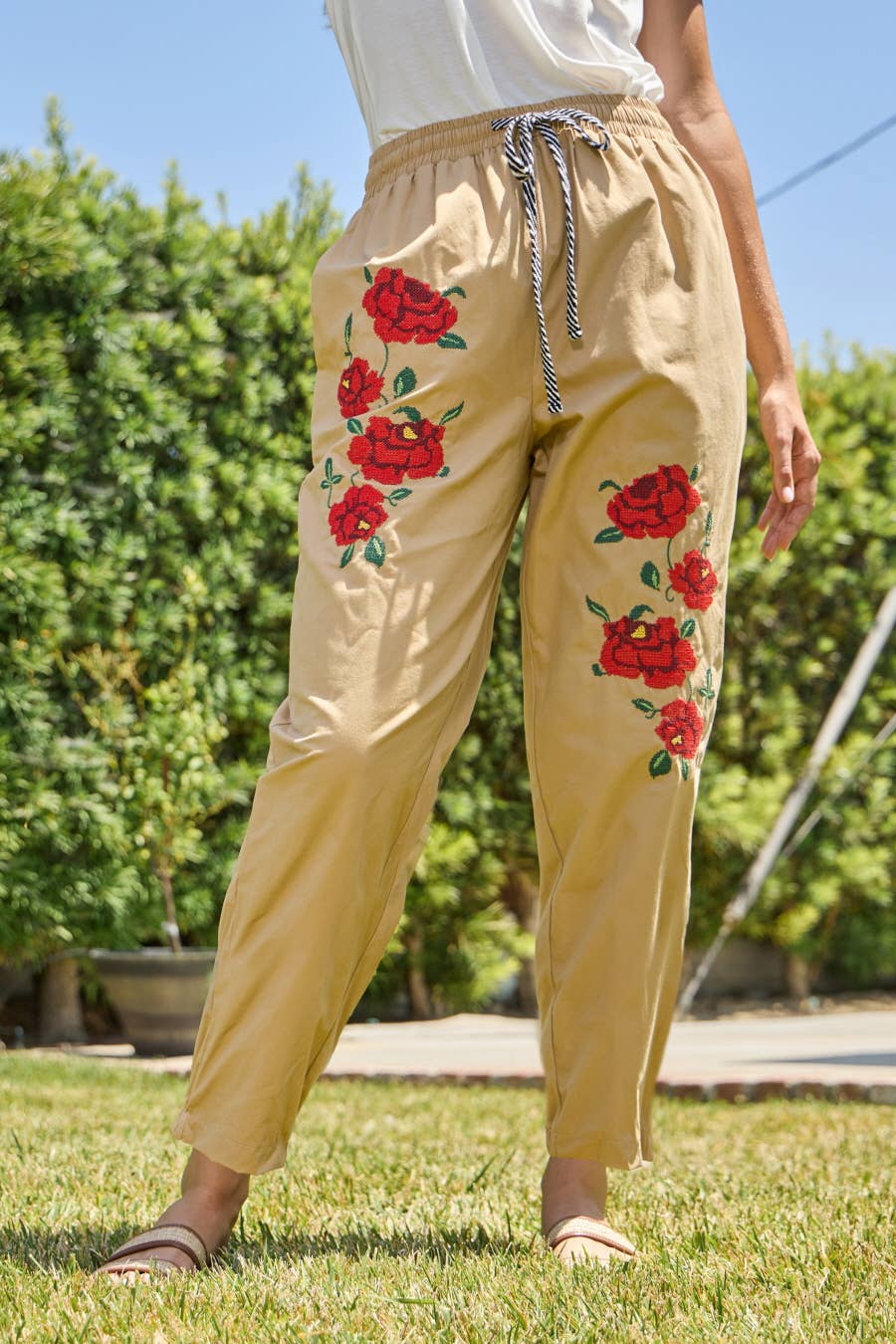 Cotton Jogger Pants with Rose Embroidery
