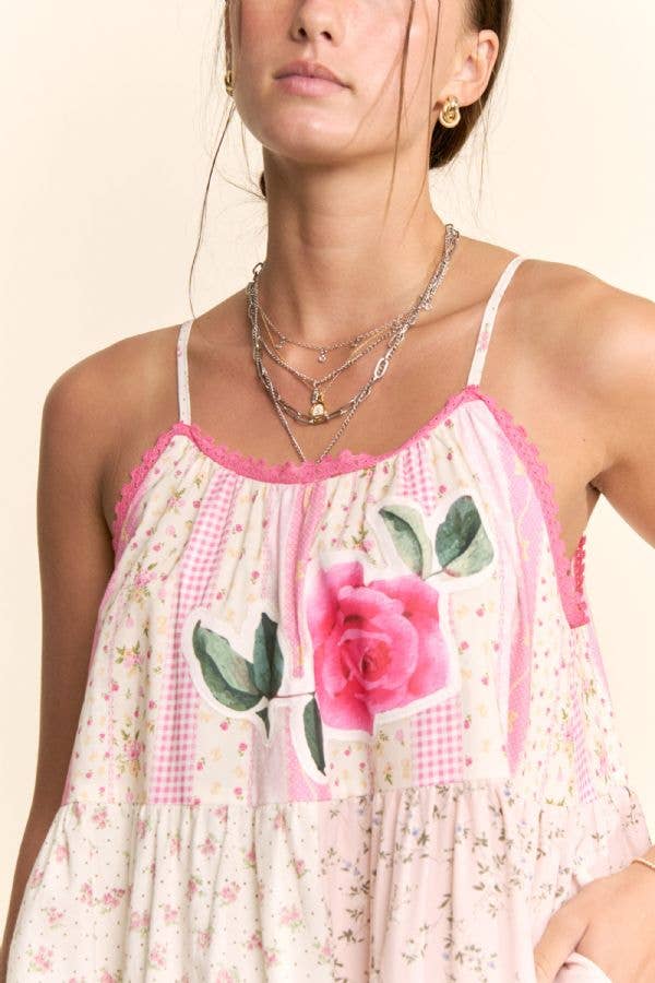 PRINTED FLOWER PATCHWORK MIDI DRESS: Small - 3x