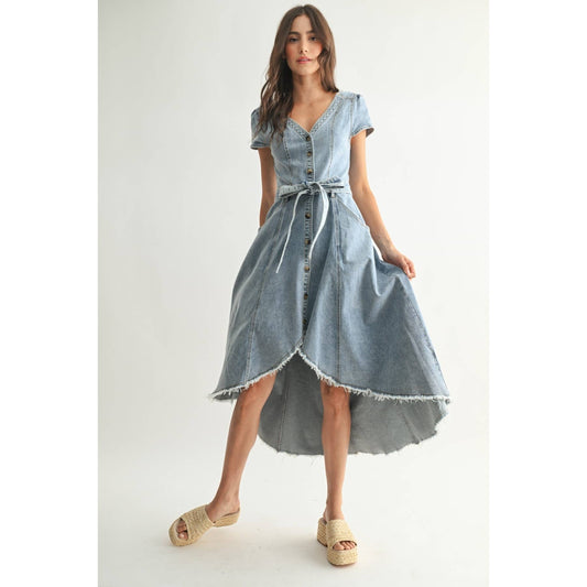 FRONT BUTTON DOWN ASYMMETRICAL DENIM DRESS