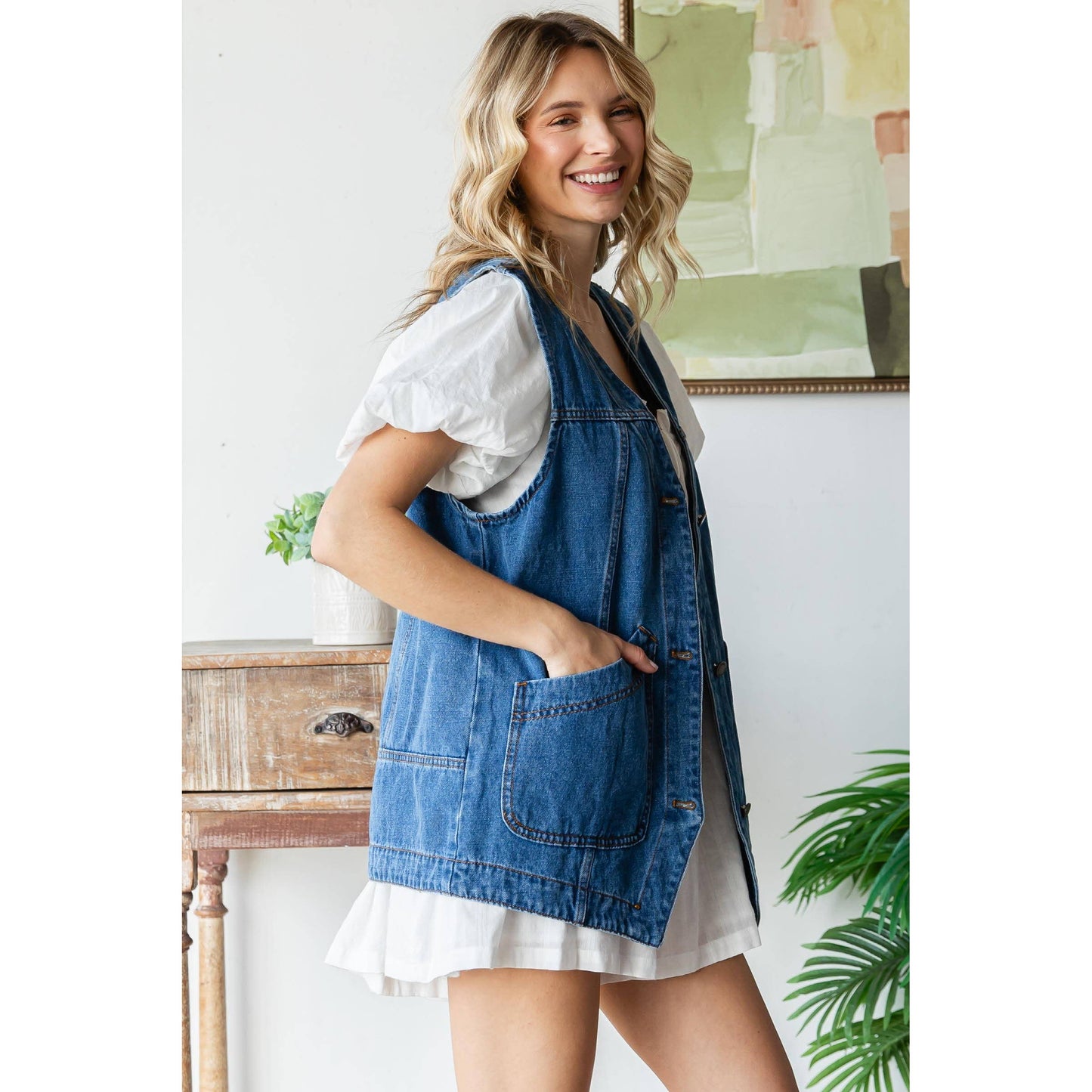 Long Denim Vest with Pockets