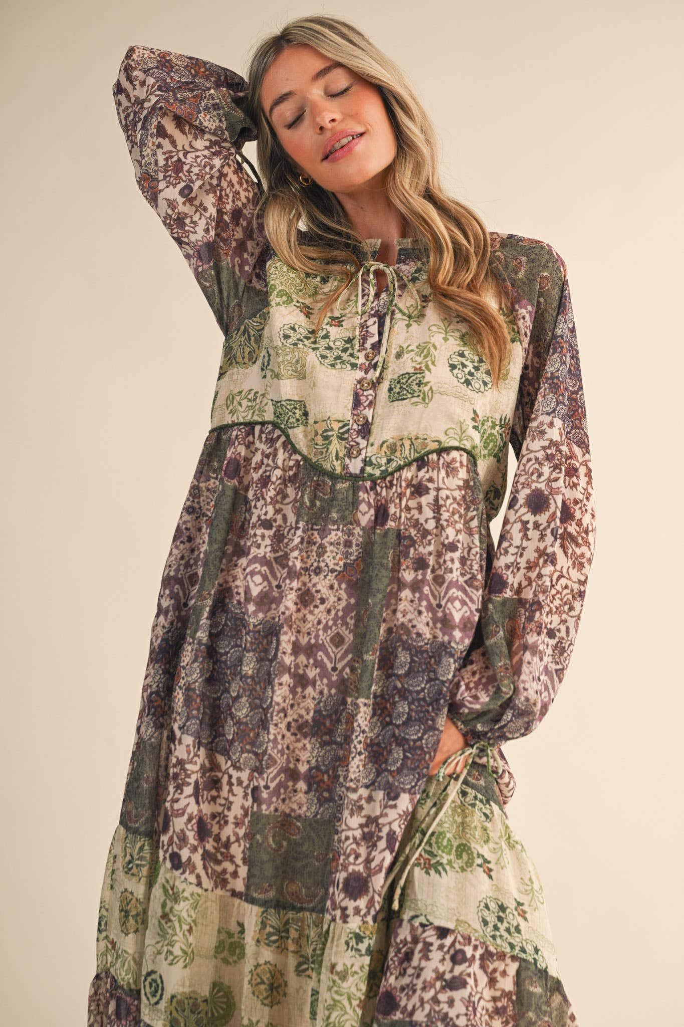 PATCHWORK PRINT MIDI DRESS: OLIVE GREEN MULT.