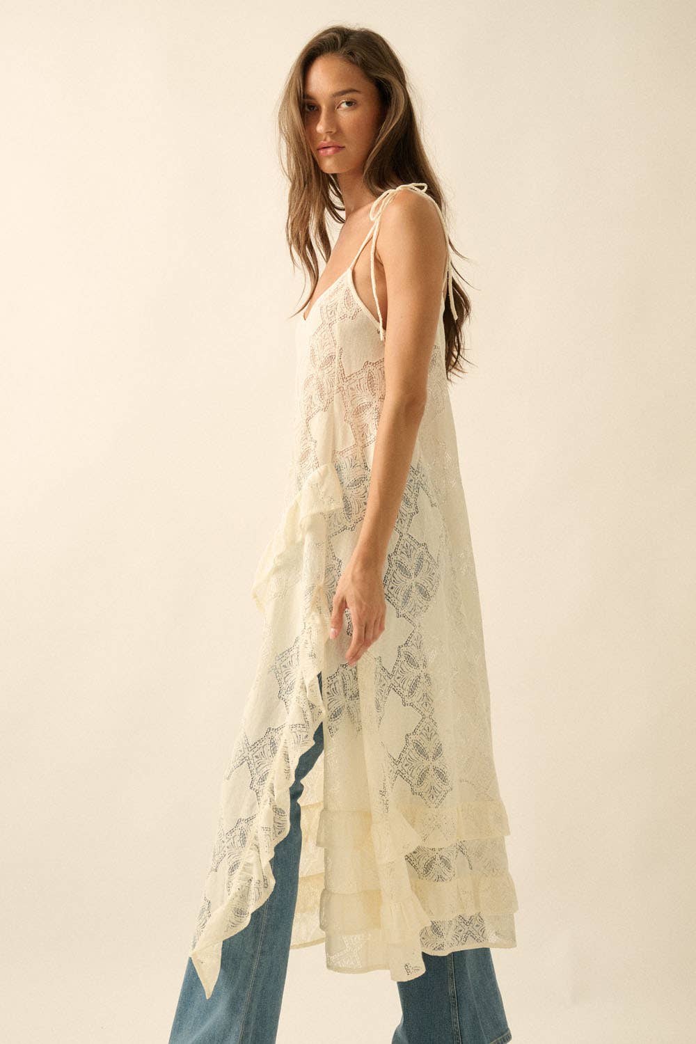 Sheer Lace Layering Midi Dress: Cream