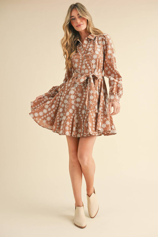 FLORAL EMBROIDERY BUTTON DOWN FLARED MINI DRESS