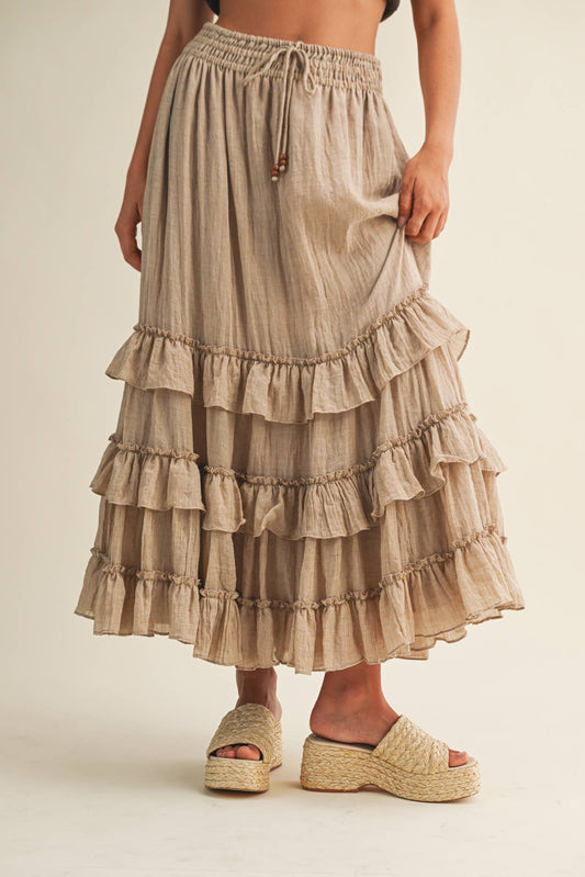 DETAIL TIERED MAXI SKIRT: LT.TAUPE