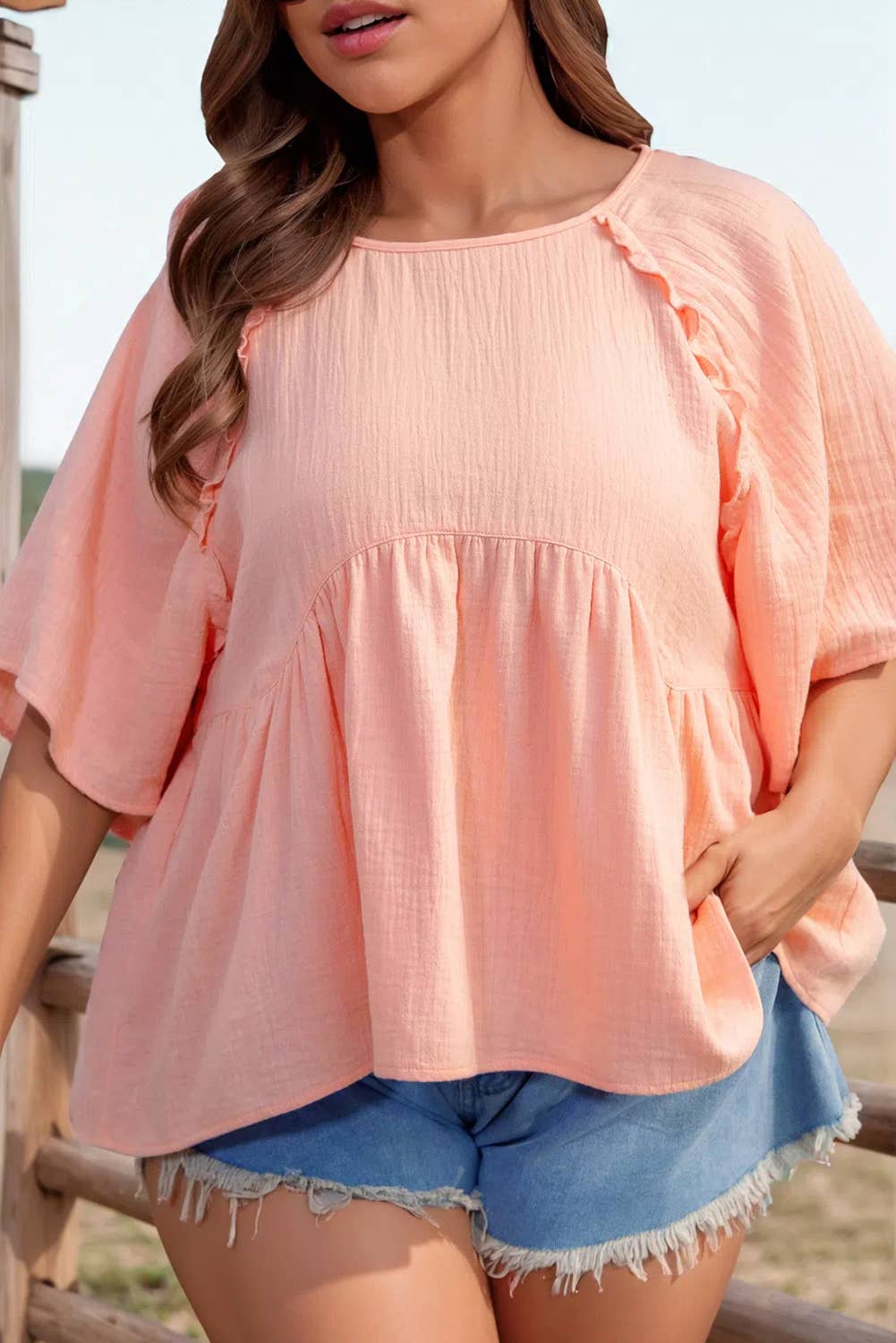 Textured Babydoll Blouse:Plus Size