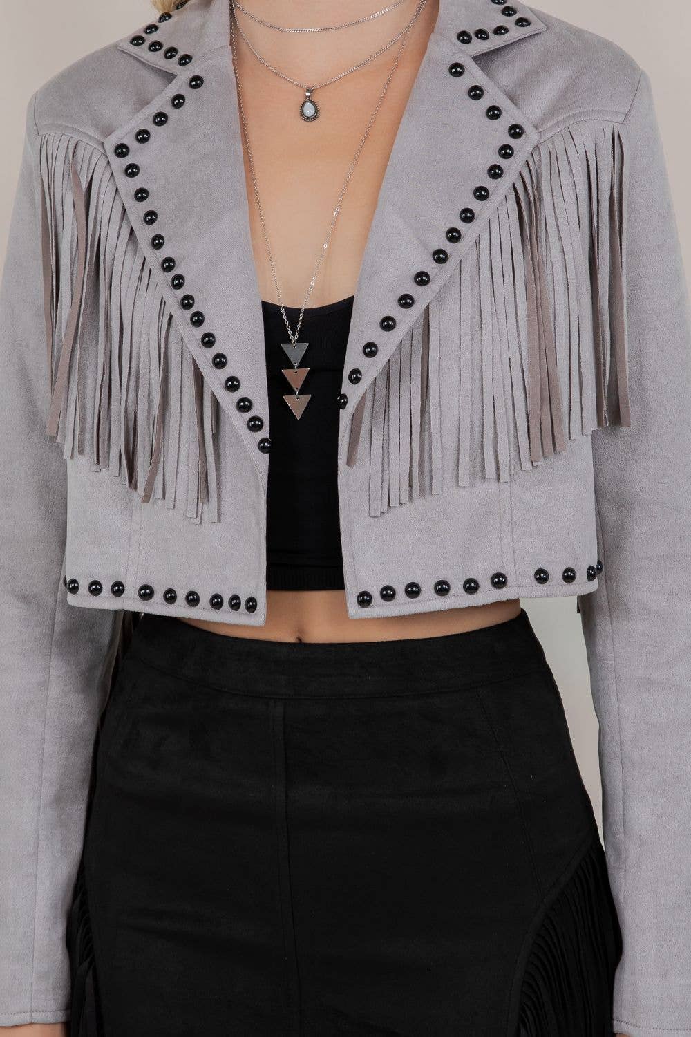 GREY FRINGE STUD JACKET