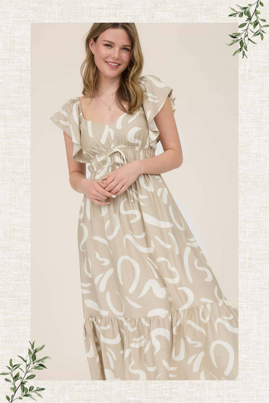 FLUTTER SLEEVE MIDI DRESS: KHAKI
