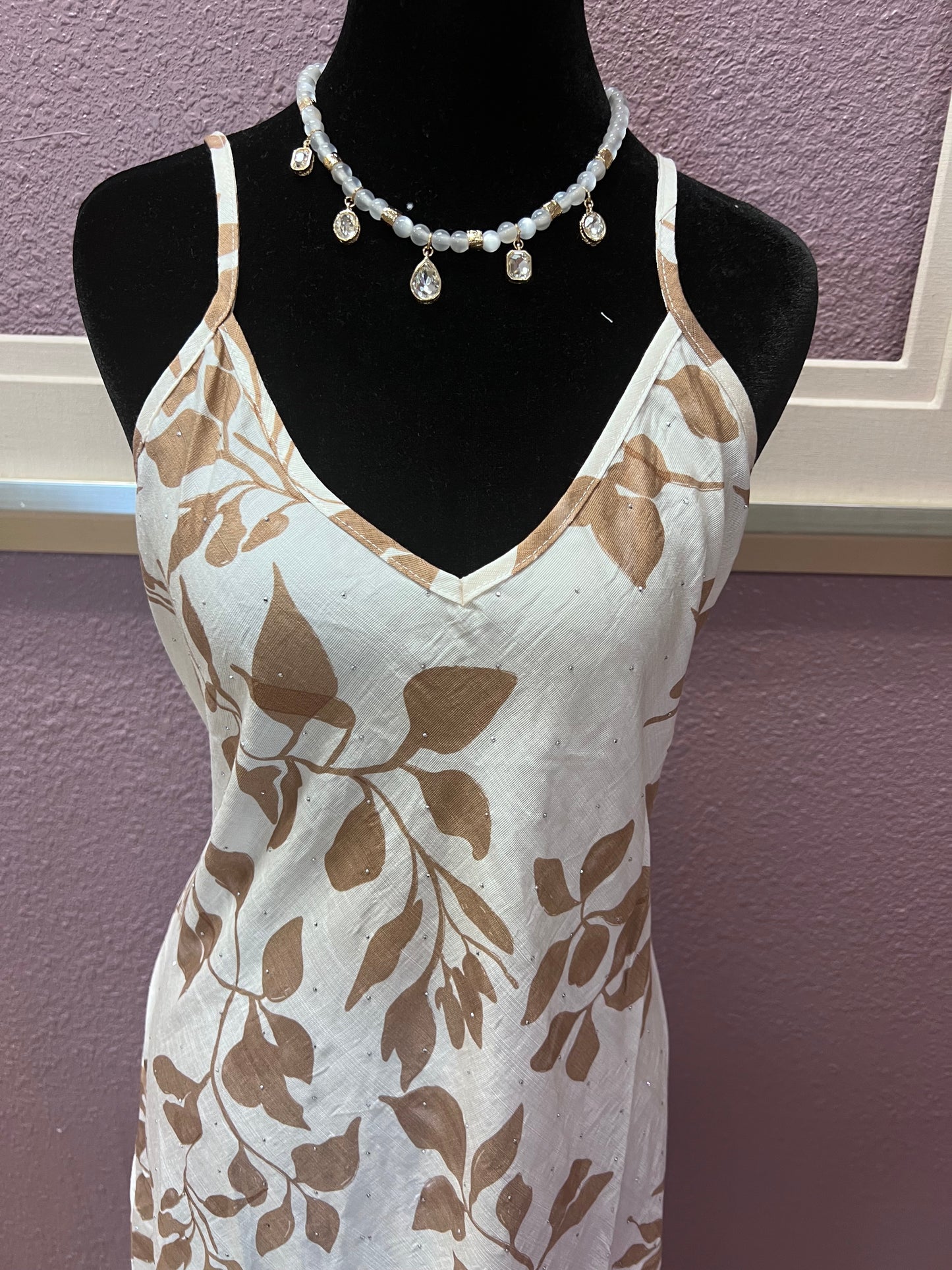 Sparkle Leaf Print Maxi Dress - Brown