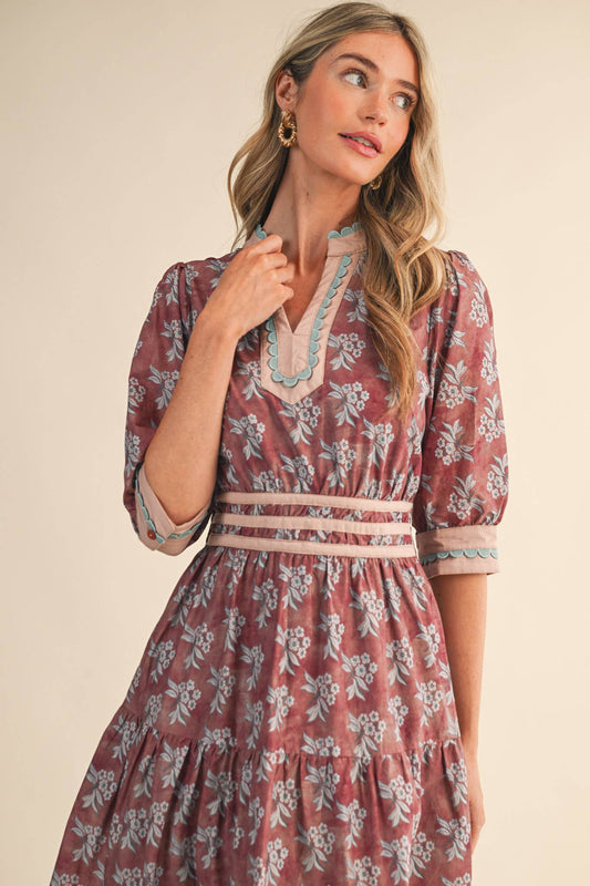 CONTRAST BINDING MIDI DRESS: MAUVE FLORAL