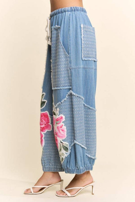 PRINTED FLOWER PATCHWORK PANTS: Small - 3x