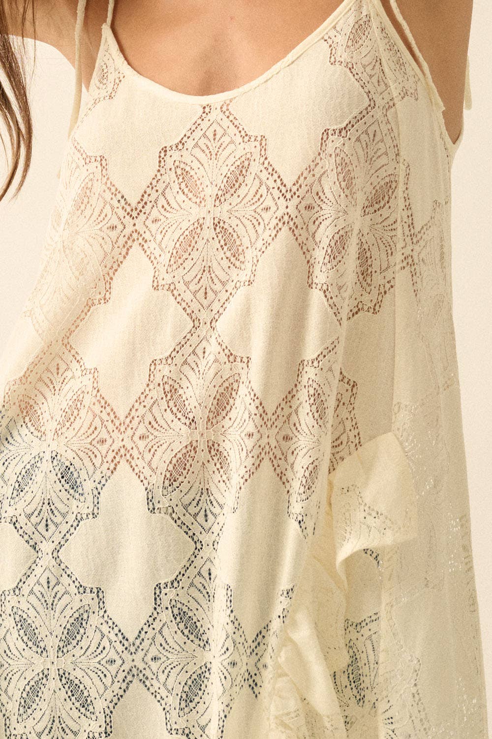 Sheer Lace Layering Midi Dress: Cream
