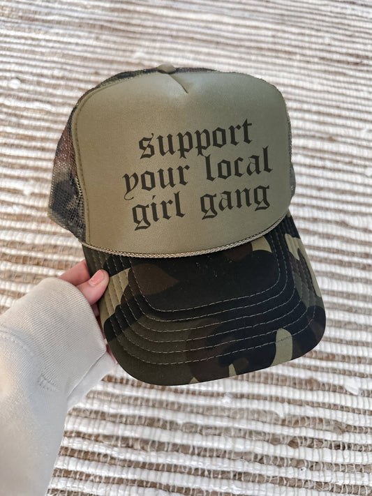 GIRL GANG TRUCKER HAT: Camo
