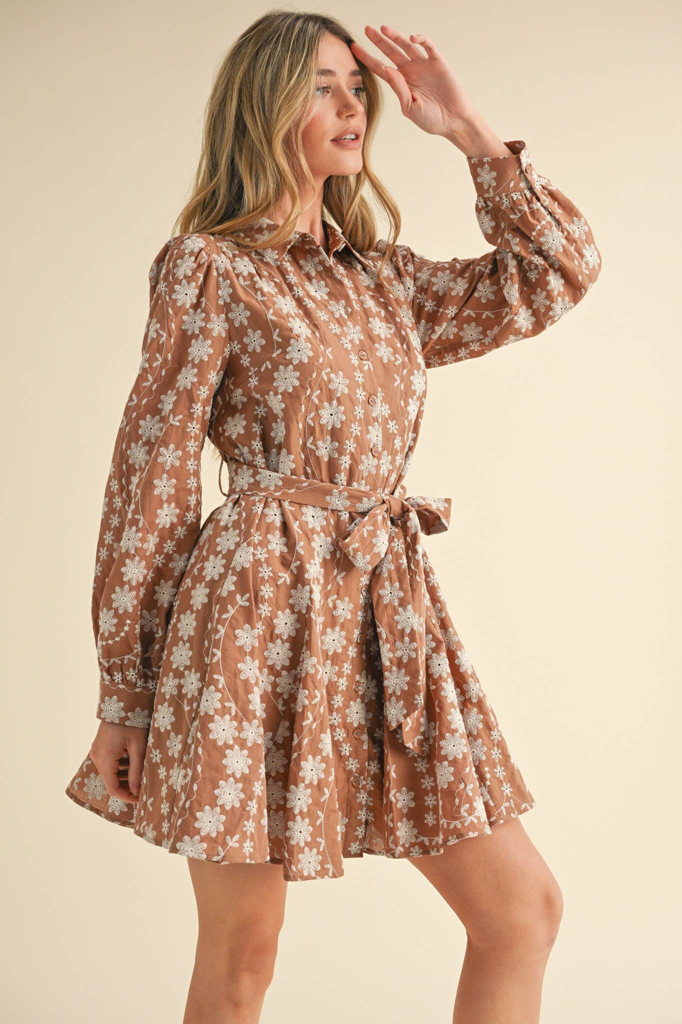 FLORAL EMBROIDERY BUTTON DOWN FLARED MINI DRESS