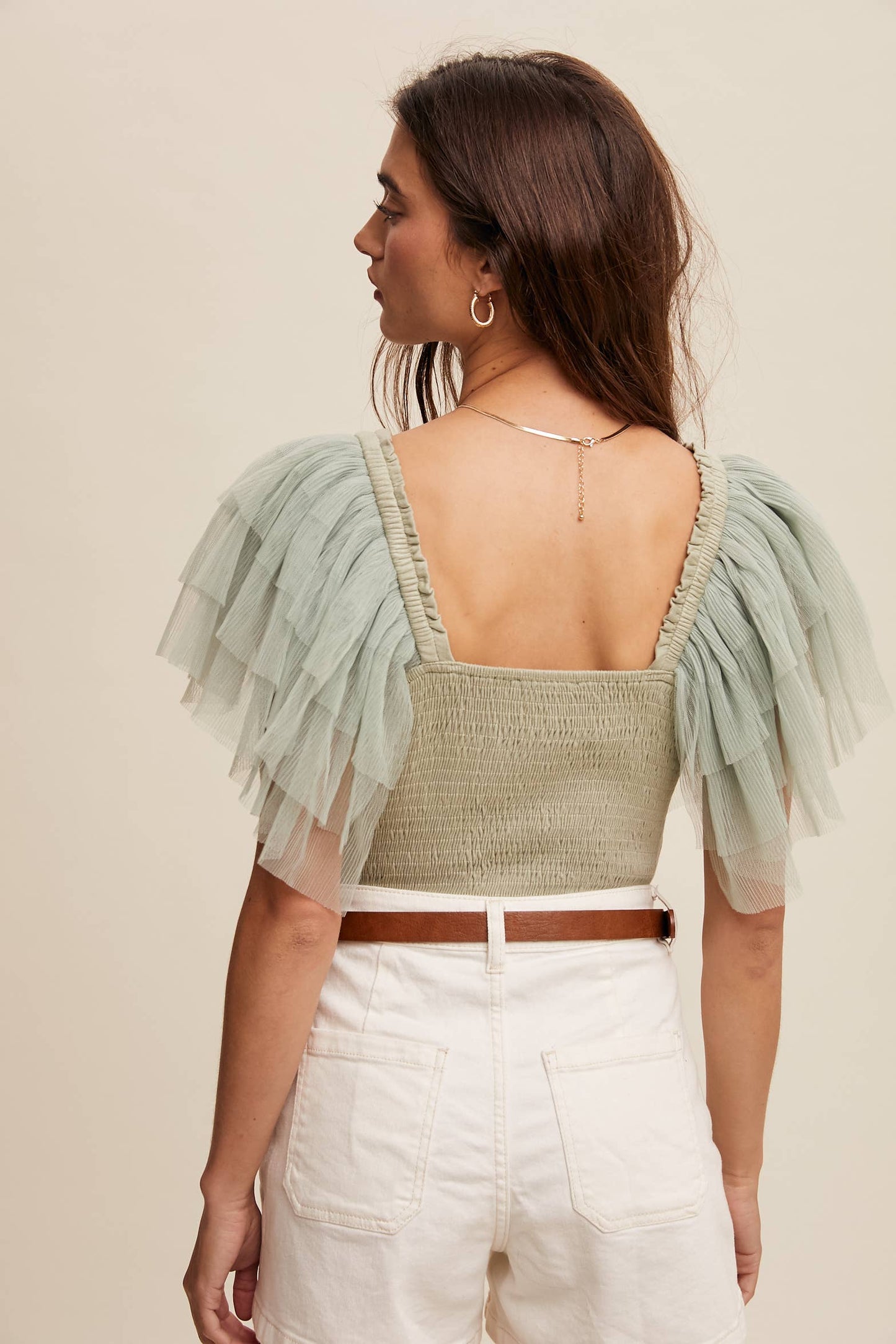 Ruffled Elegance Bodysuit: Sage