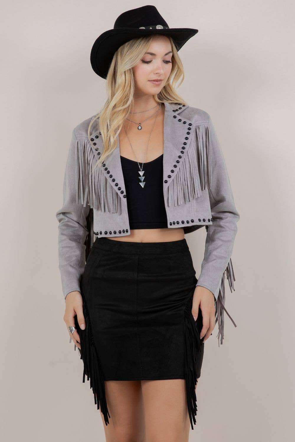 GREY FRINGE STUD JACKET