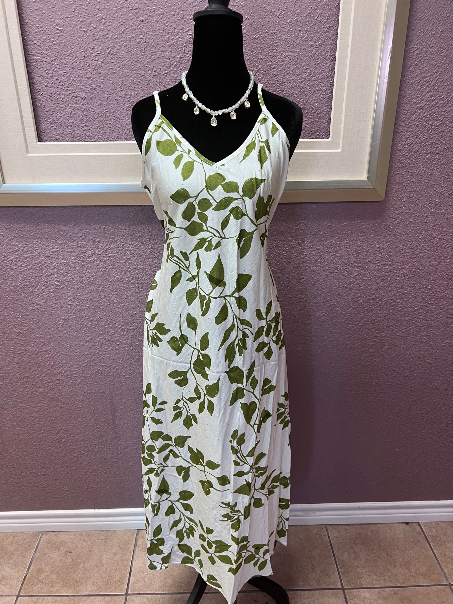 Sparkle Leaf Print Maxi Dress - Green
