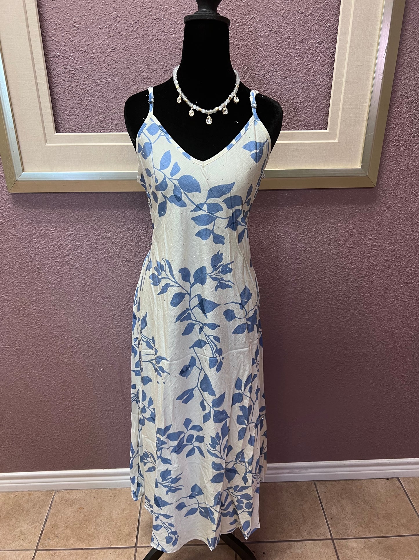 Sparkle Leaf Print Maxi Dress - Blue
