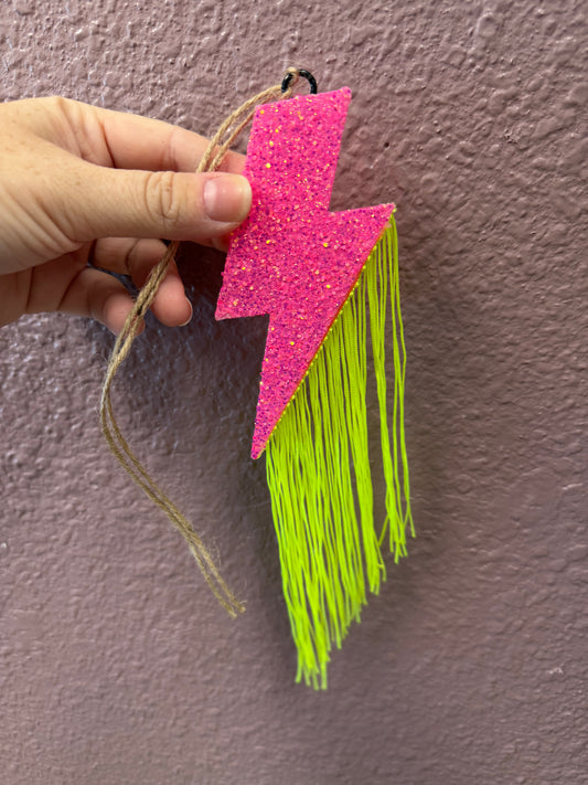 Glitter Lighting Bolt Freshie: 1000 Wishes (Pink with yellow fringe)