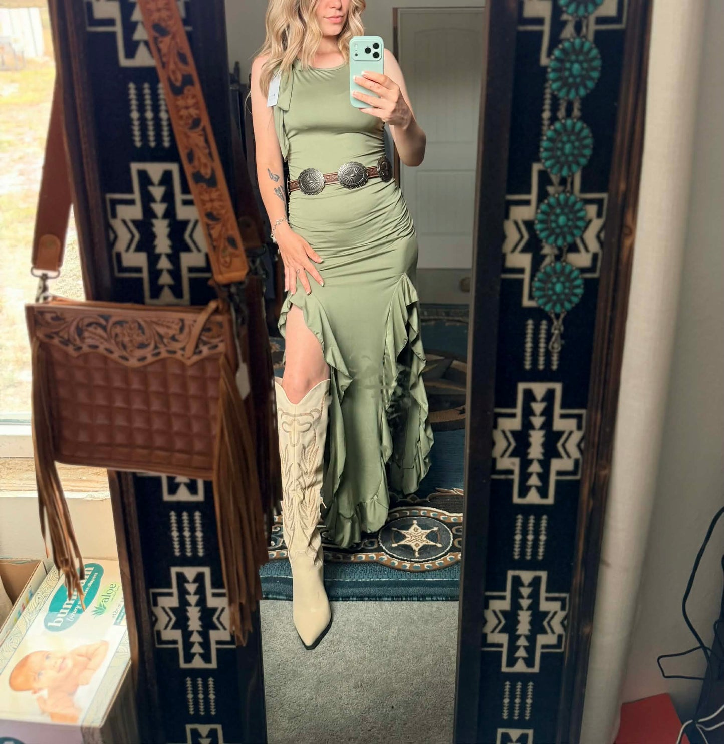 Western Ruffled Slit Dress - Green