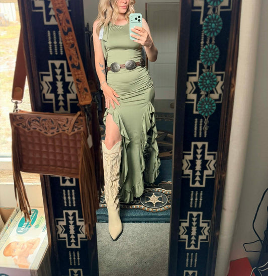 Western Ruffled Slit Dress - Green