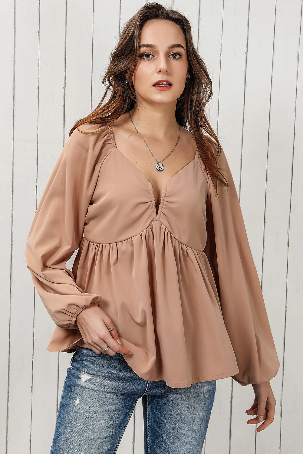 Notched V-Neck Peplum Blouse