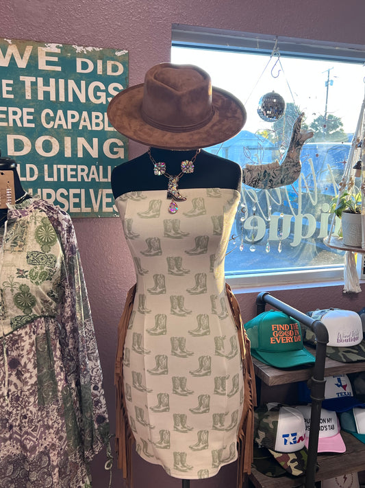 Strapless Boot Print Fringe Mini