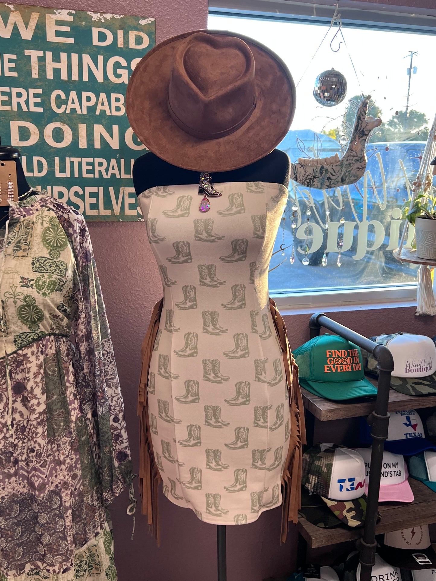 Strapless Boot Print Fringe Mini