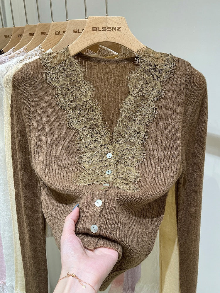Brown Lace Detail Sweater - OS