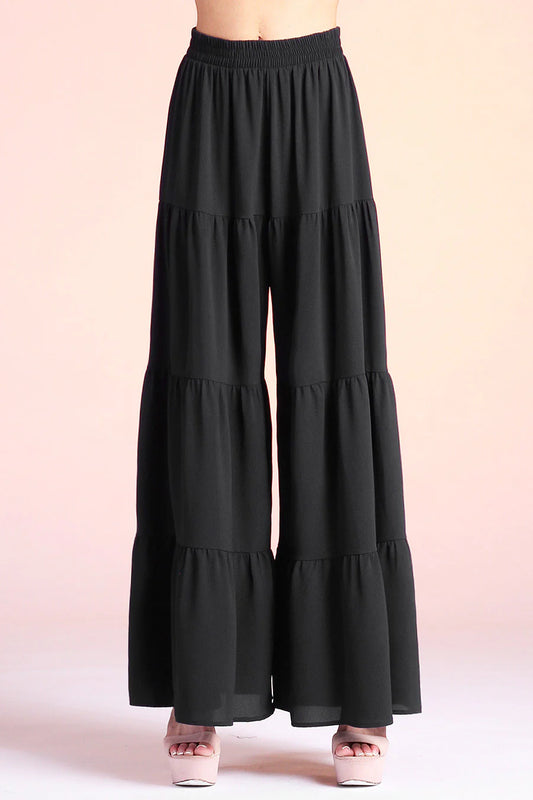 Cotton Ruffle Tiered Pants - Black