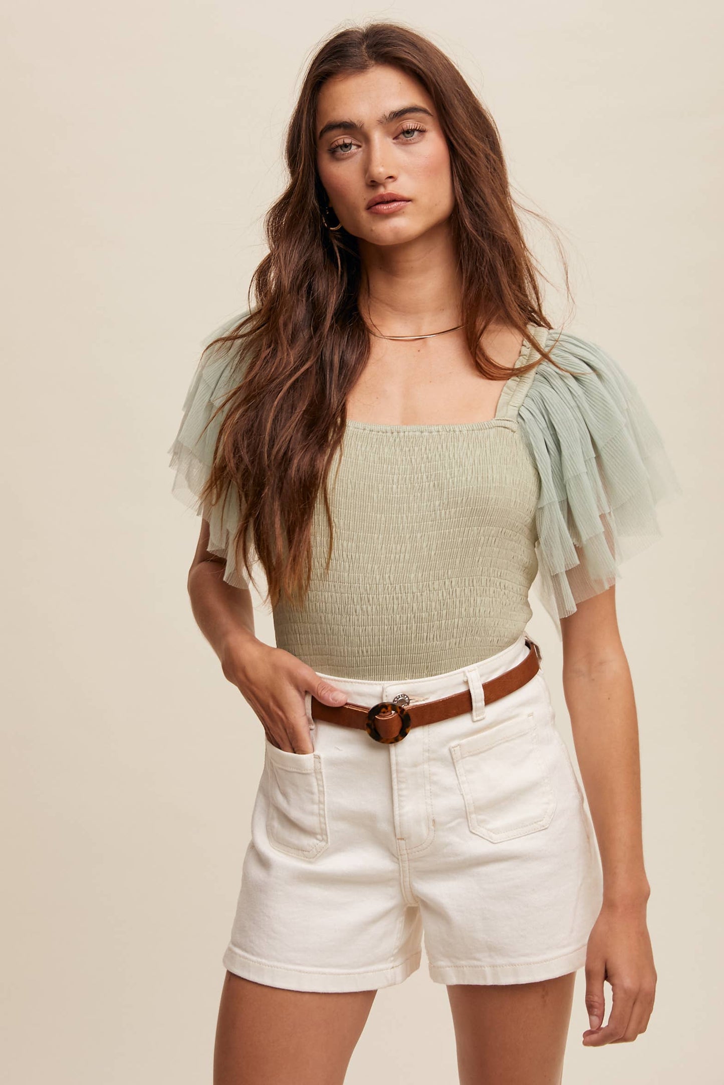 Ruffled Elegance Bodysuit: Sage