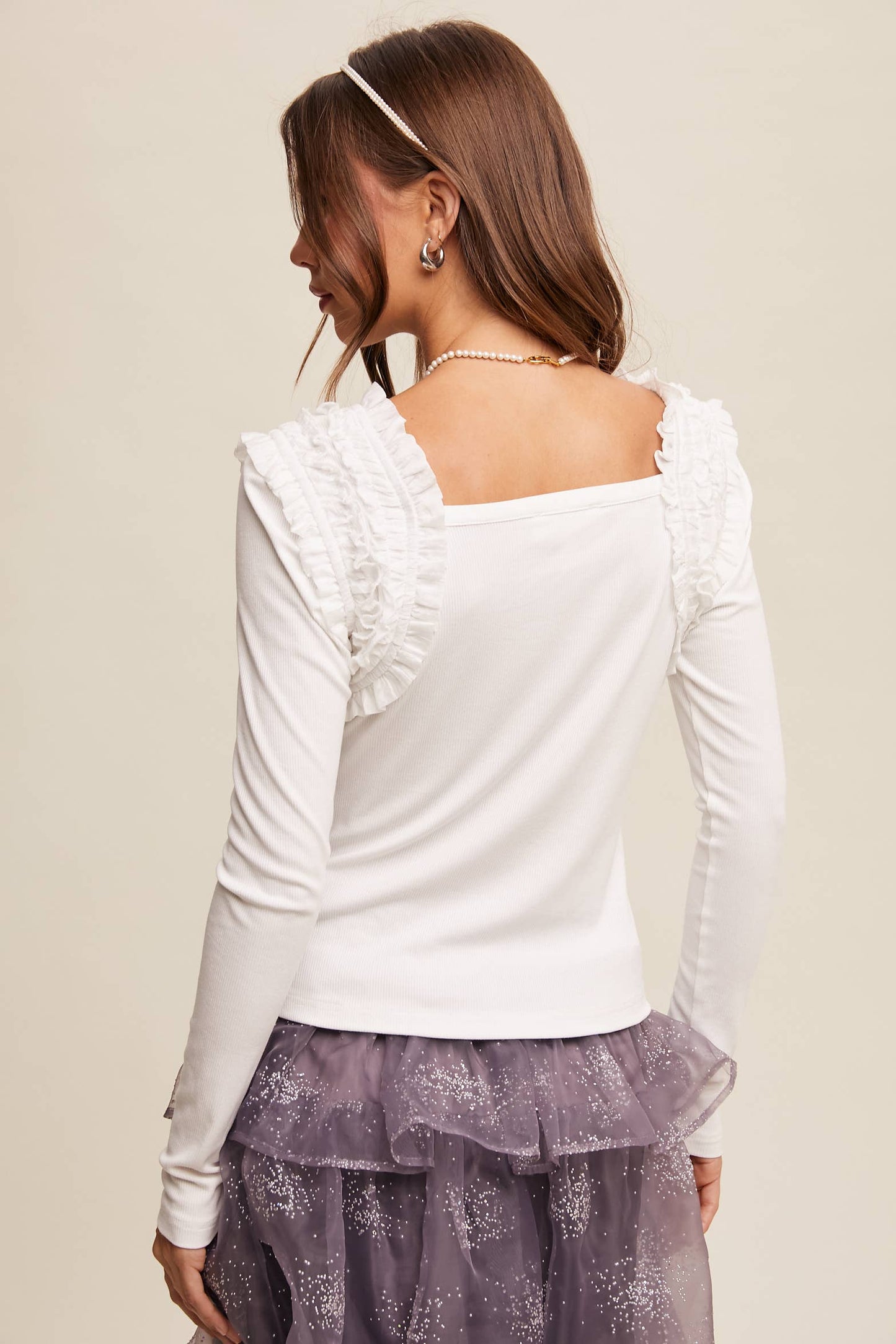 Square Neck Ruffle Accent Top: White