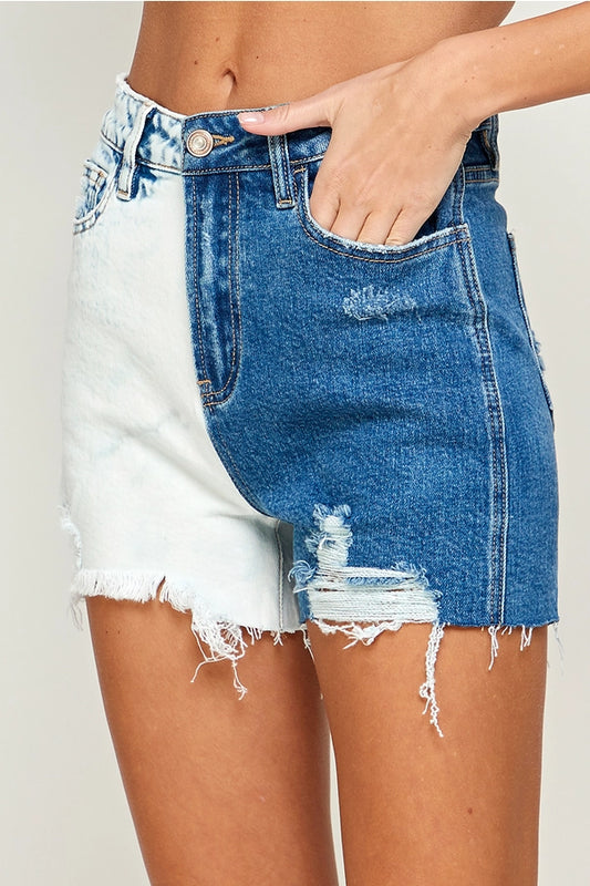 Two-Tone Bleached Stretch Mom Shorts