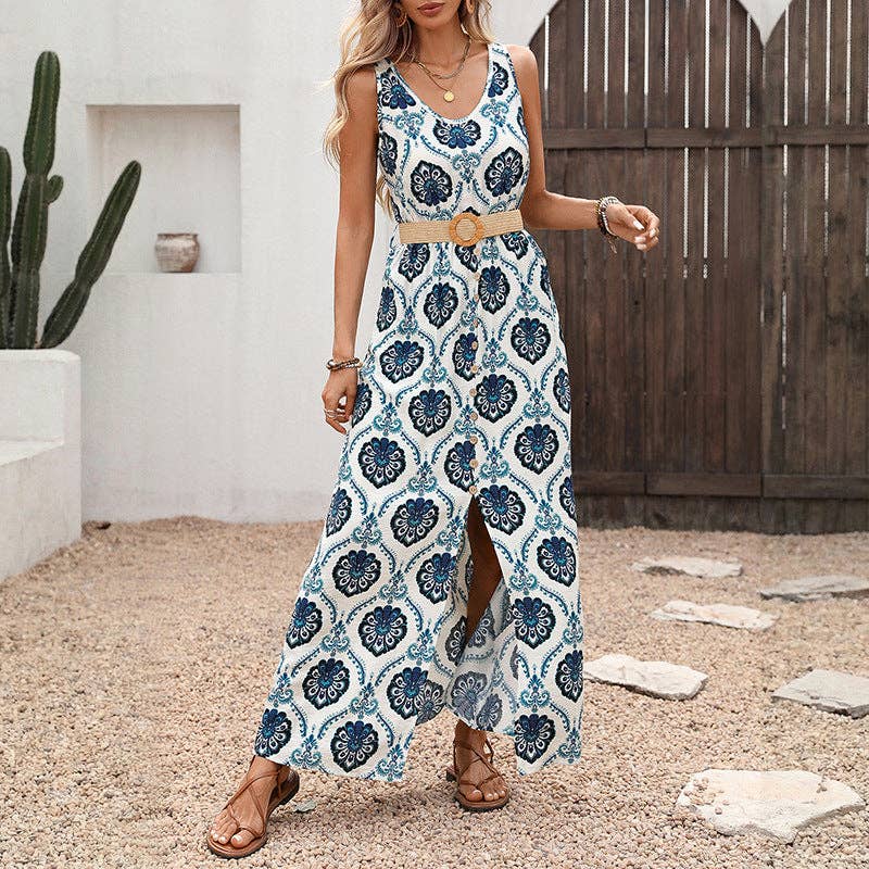 Sleeveless Belted Slit Maxi Dress: Blue