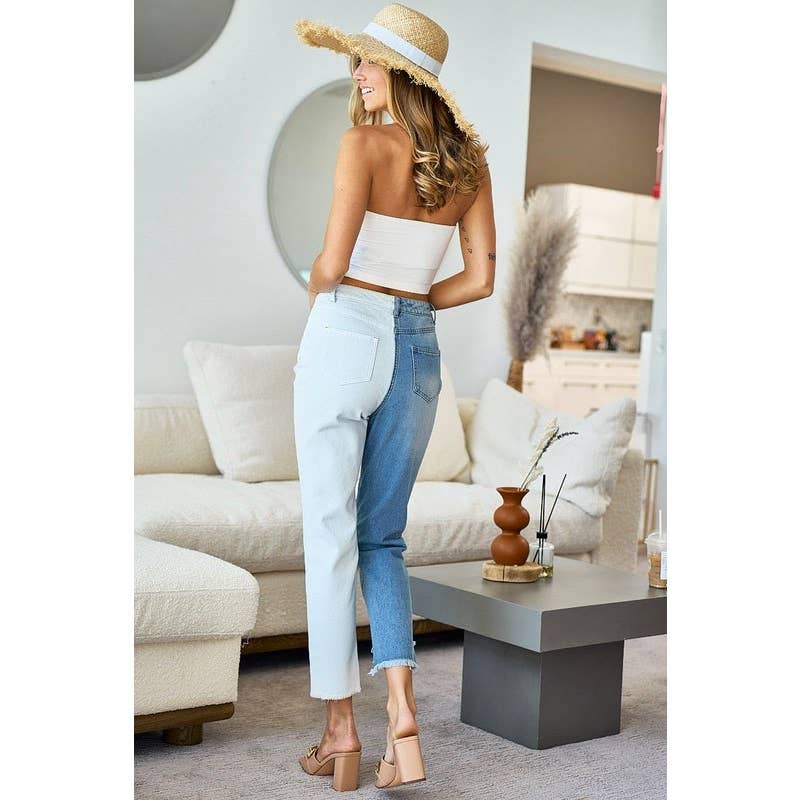 Distressed Two Tone Block Jean