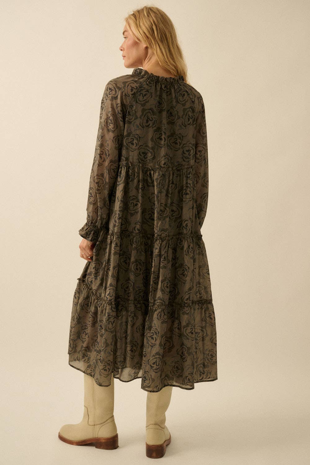 Floral Tiered Ruffle Midi Dress: Olive