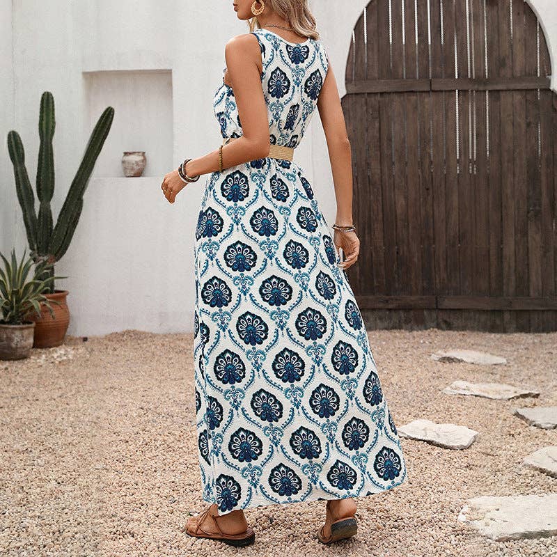 Sleeveless Belted Slit Maxi Dress: Blue