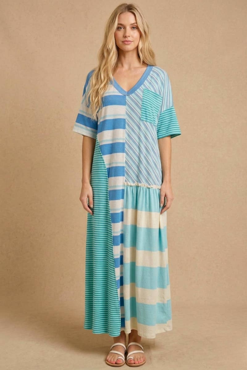 Mixed-Stripe Patchwork Maxi Dress: Sky Blue Multi