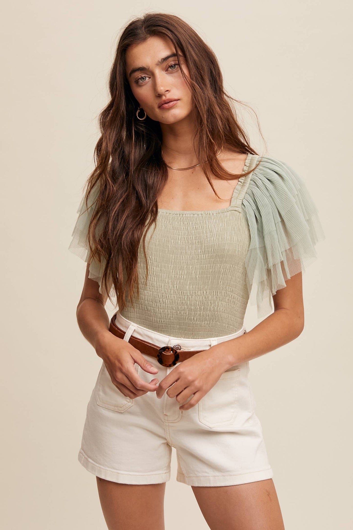 Ruffled Elegance Bodysuit: Sage