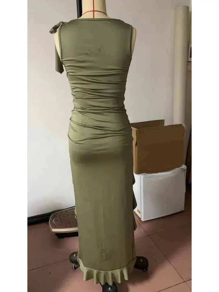 Western Ruffled Slit Dress - Green