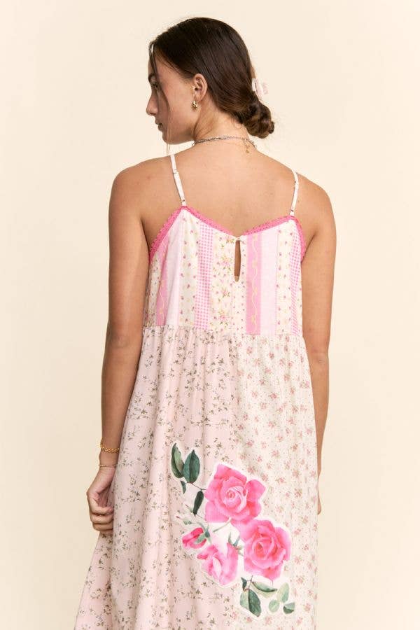 PRINTED FLOWER PATCHWORK MIDI DRESS: Small - 3x