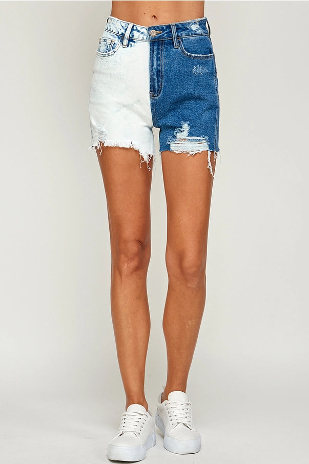Two-Tone Bleached Stretch Mom Shorts