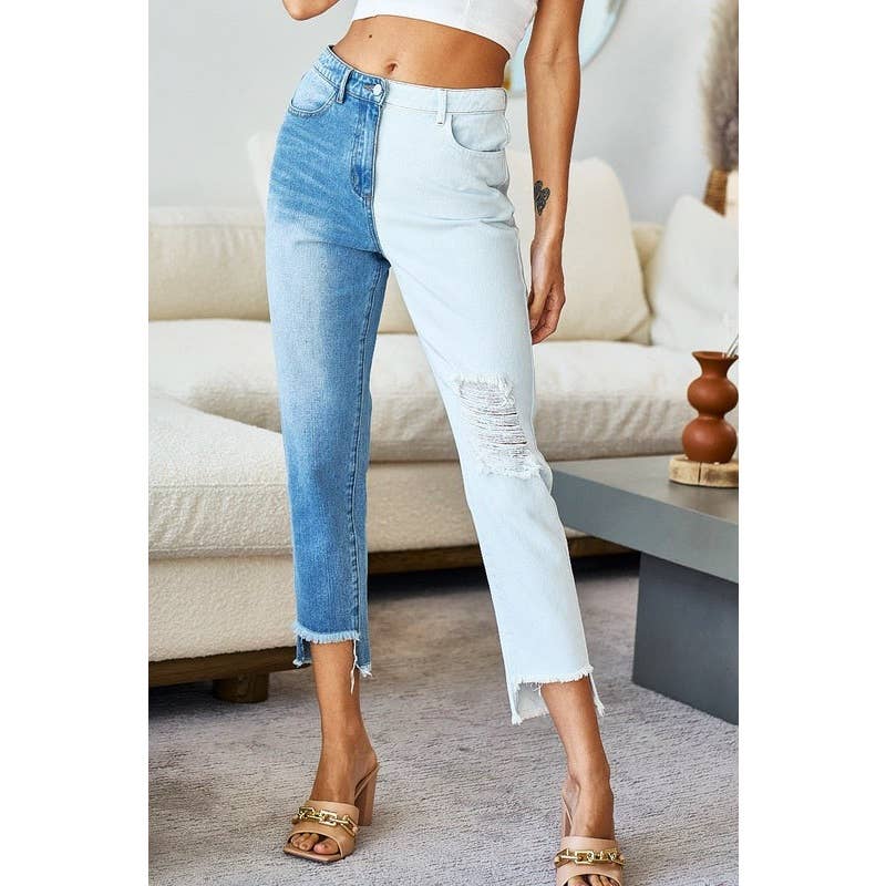Distressed Two Tone Block Jean