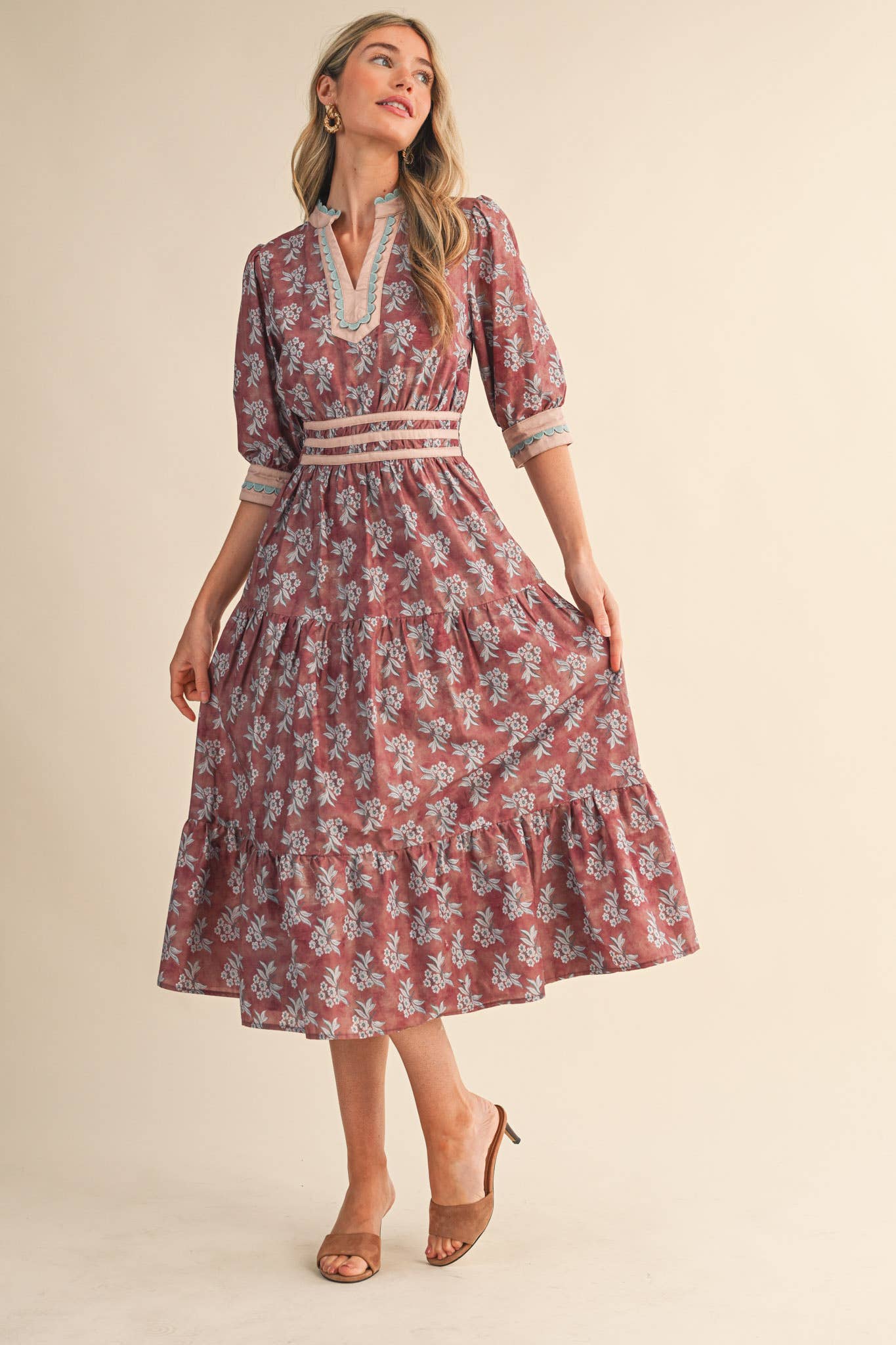 CONTRAST BINDING MIDI DRESS: MAUVE FLORAL