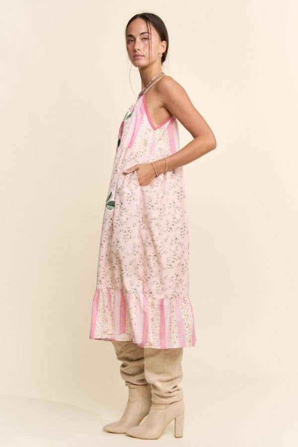 PRINTED FLOWER PATCHWORK MIDI DRESS: Small - 3x